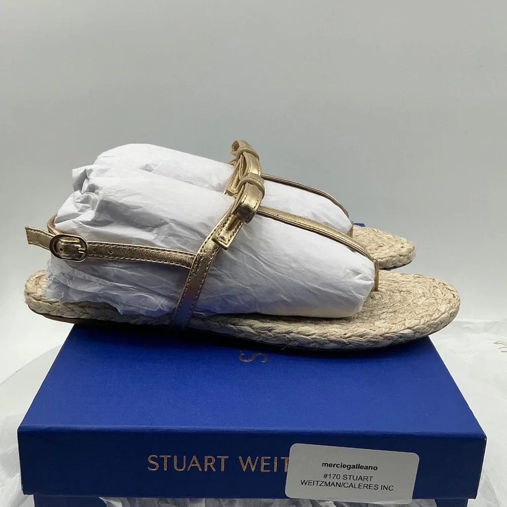 Stuart Weitzman Felicity Gold Metallic Leather Bow Espadrille‎ Sandals size 6